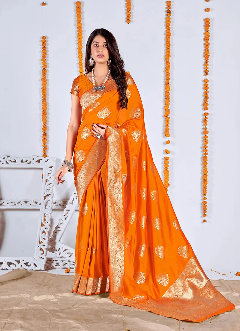 Orange Zari Embellished Banarasi Silk Saree