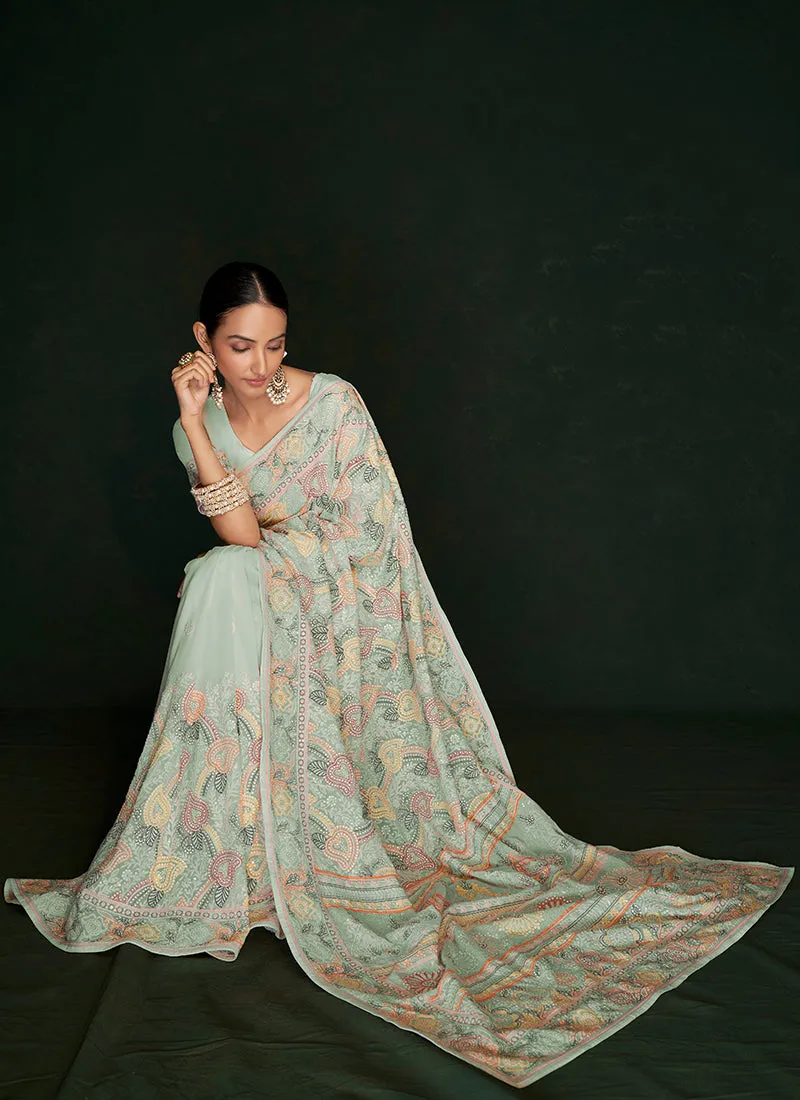 Pale Green Multi Embroidery Lucknowi Saree