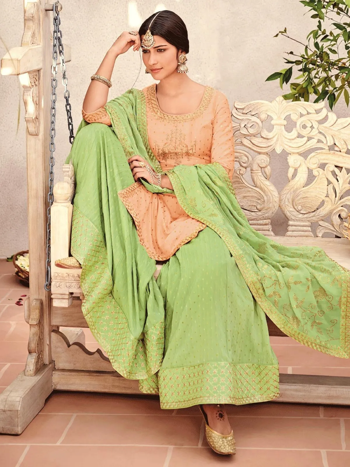 Pale Orange And Green Embroidered Gharara Palazzo Suit