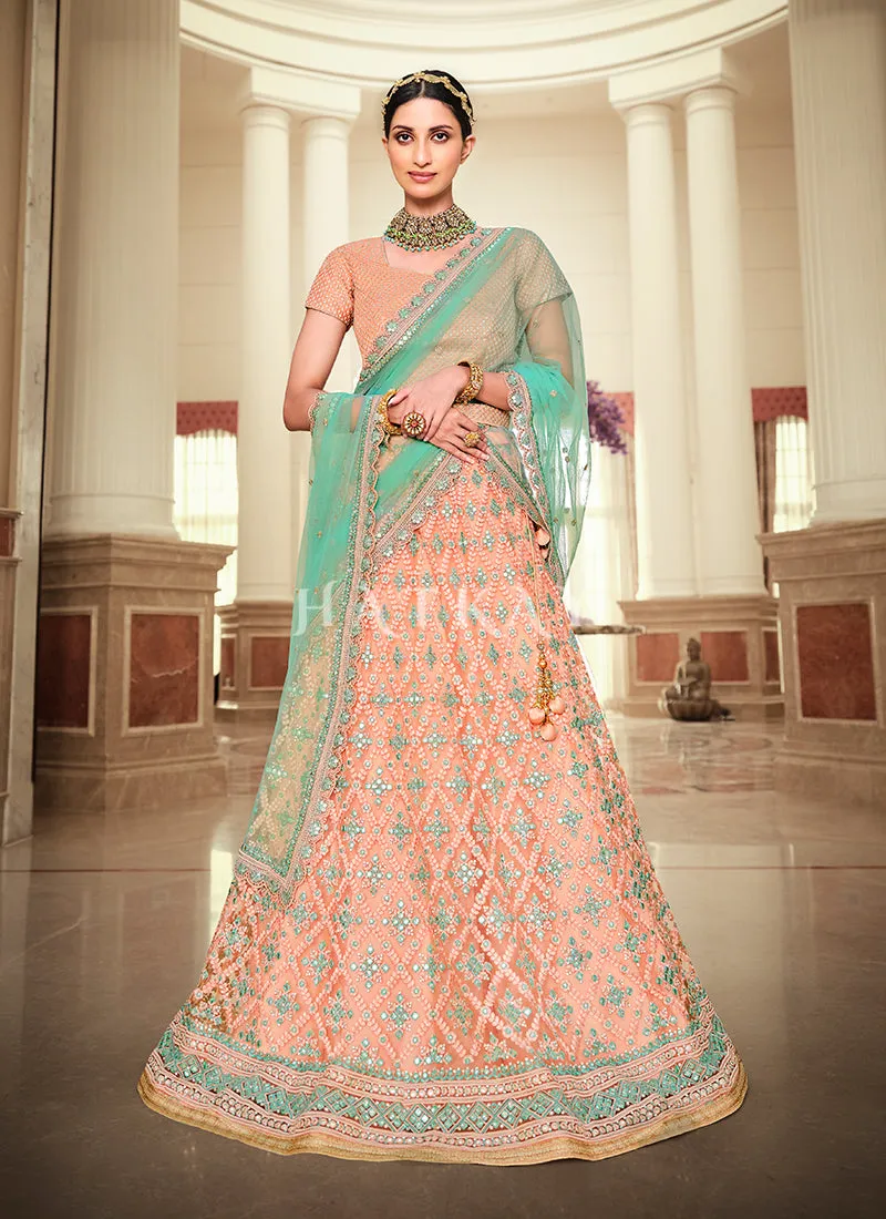 Peach And Teal Embroidered Lehenga Choli