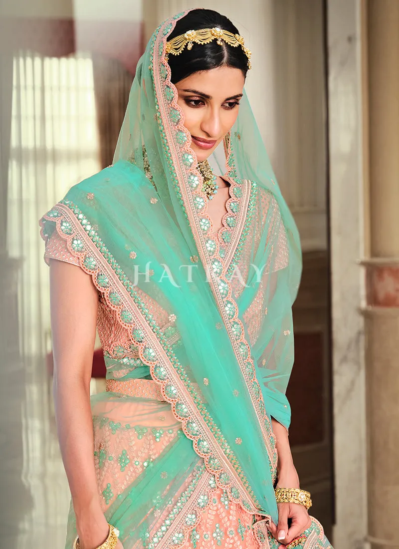 Peach And Teal Embroidered Lehenga Choli