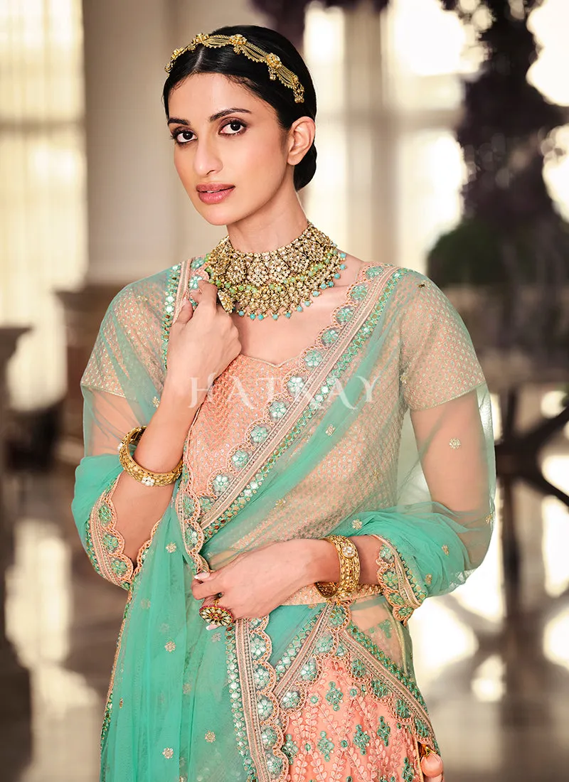 Peach And Teal Embroidered Lehenga Choli