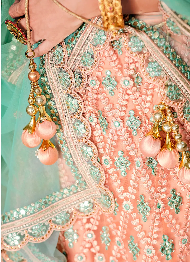 Peach And Teal Embroidered Lehenga Choli
