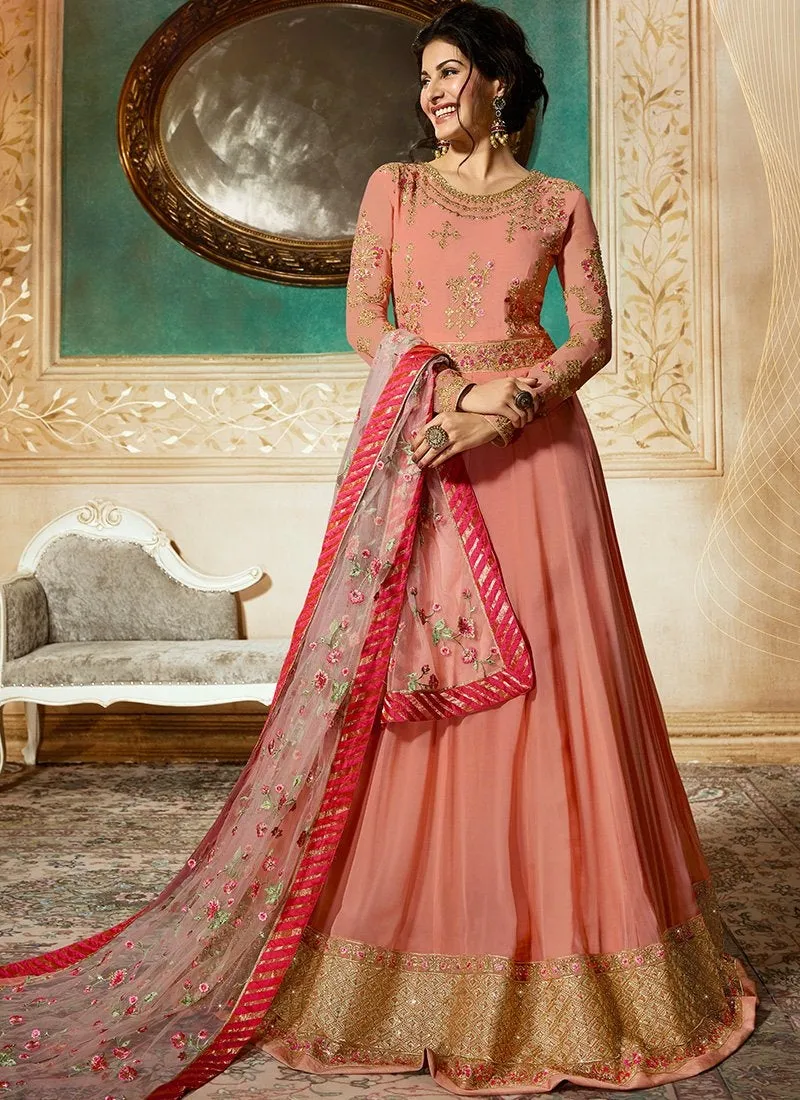 Peach Delicately Embroidered Kalidar Anarkali Suit
