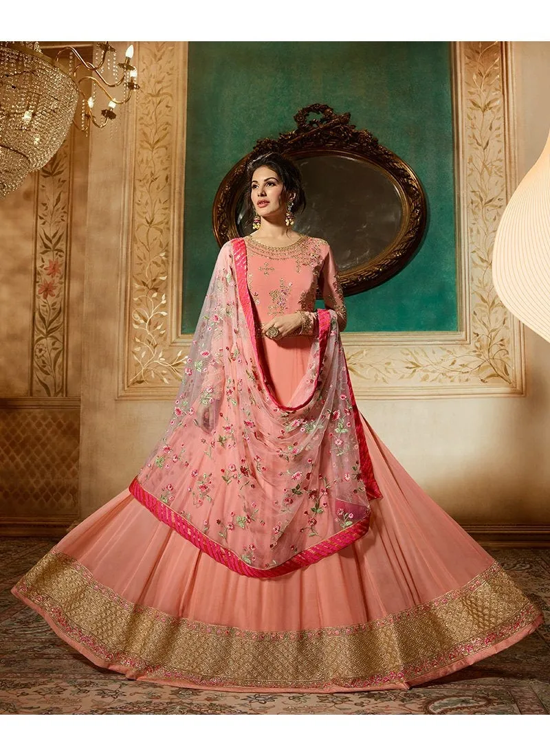 Peach Delicately Embroidered Kalidar Anarkali Suit