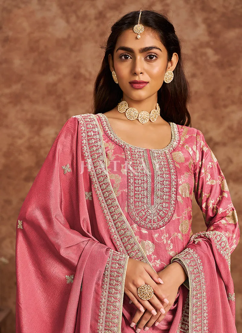 Peach Embroidered Pakistani Pant Style Suit