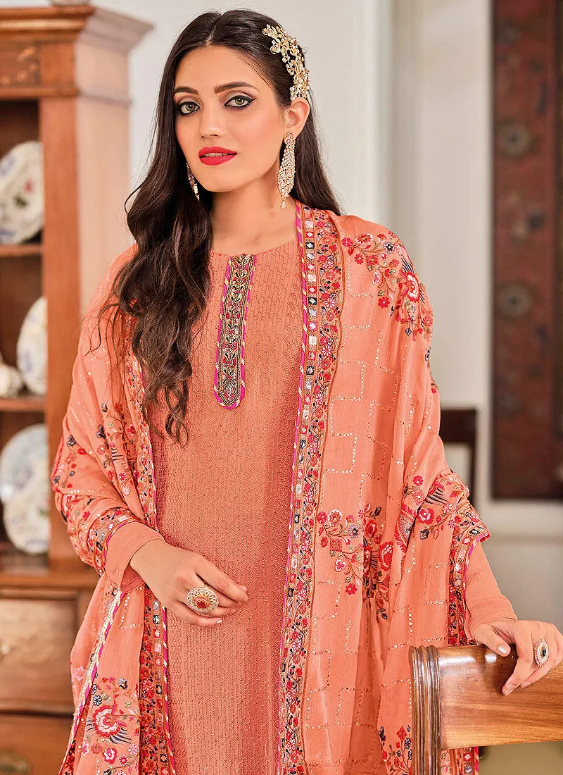 Peach Multi Embroidered Traditional Palazzo Suit
