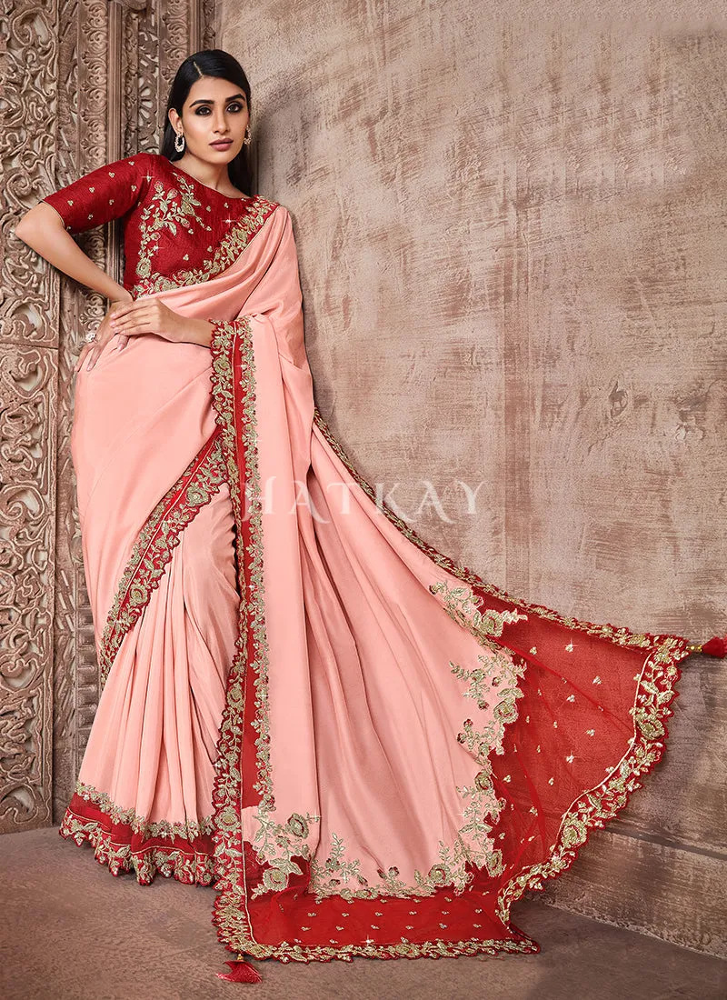 Peach Red Traditional Zari Embroidered Party Wear Saree