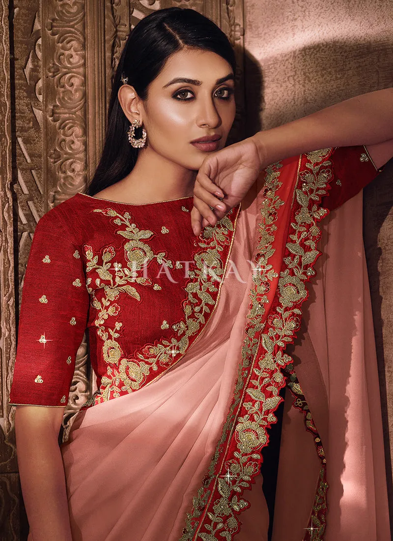Peach Red Traditional Zari Embroidered Party Wear Saree