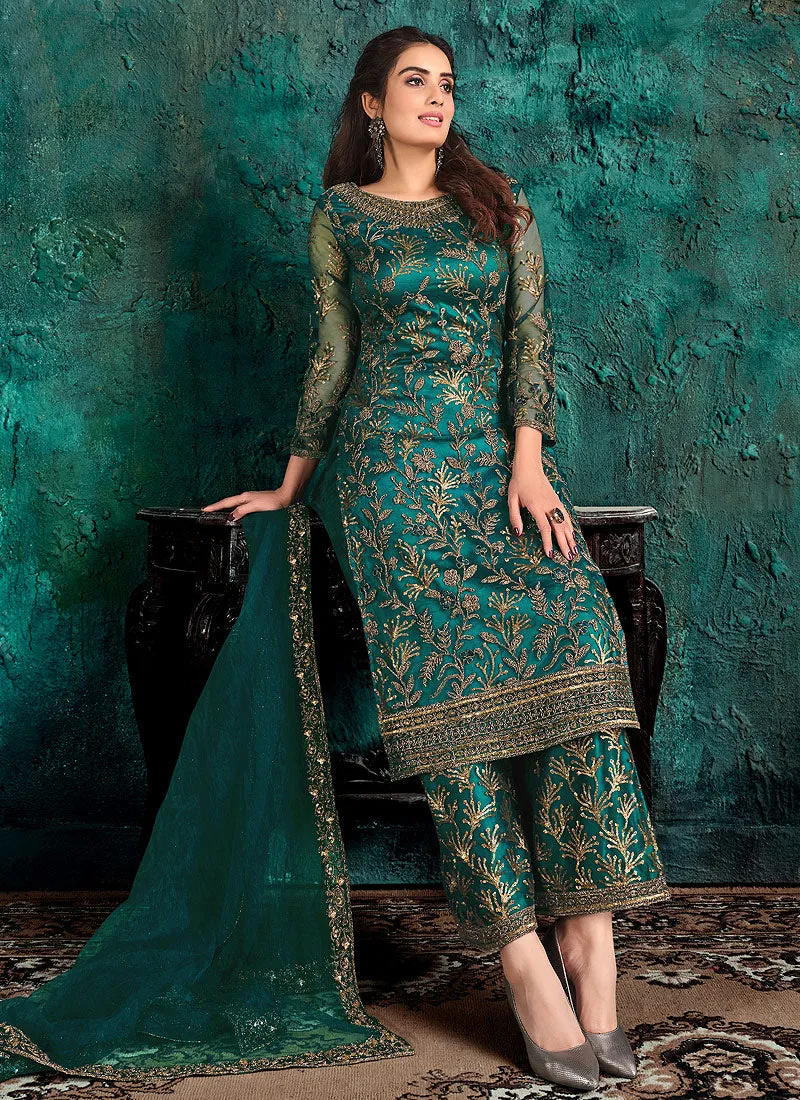 Peacock Blue Embroidered Pakistani Pant Suit