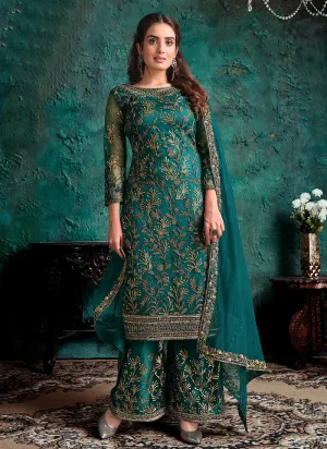 Peacock Blue Embroidered Pakistani Pant Suit