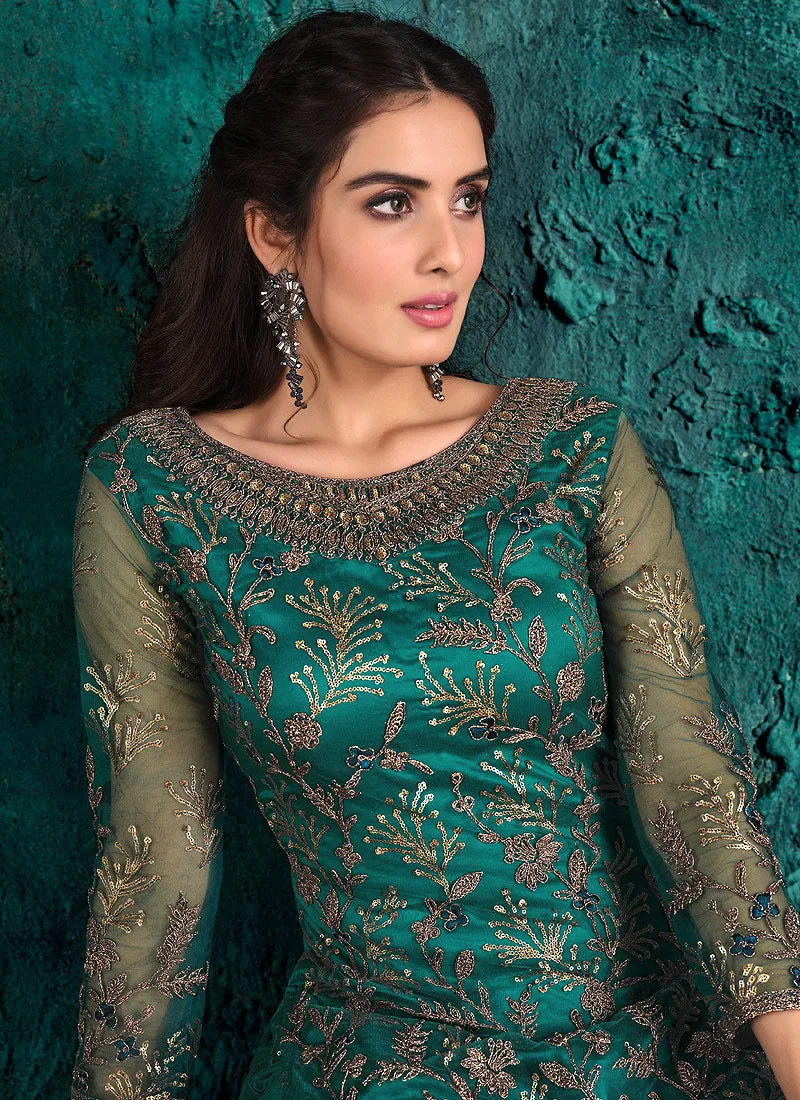 Peacock Blue Embroidered Pakistani Pant Suit