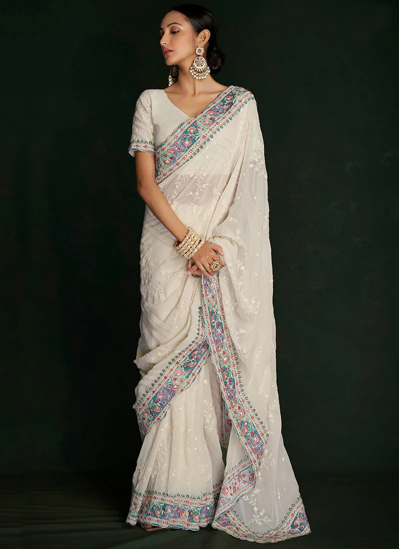 Pearl White Embroidery Lucknowi Saree