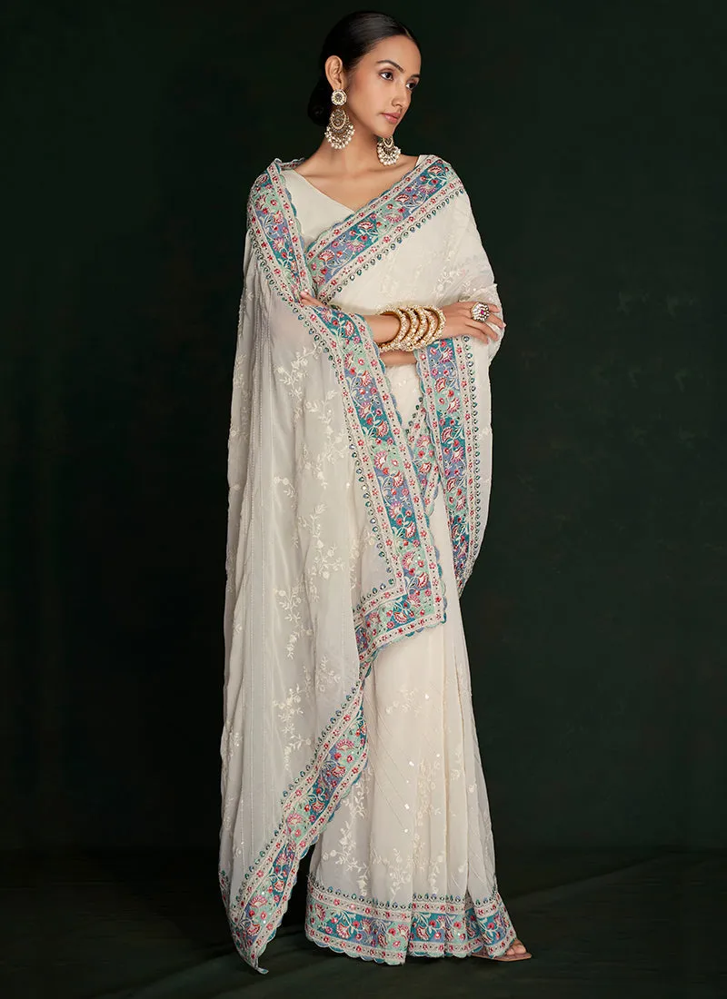 Pearl White Embroidery Lucknowi Saree