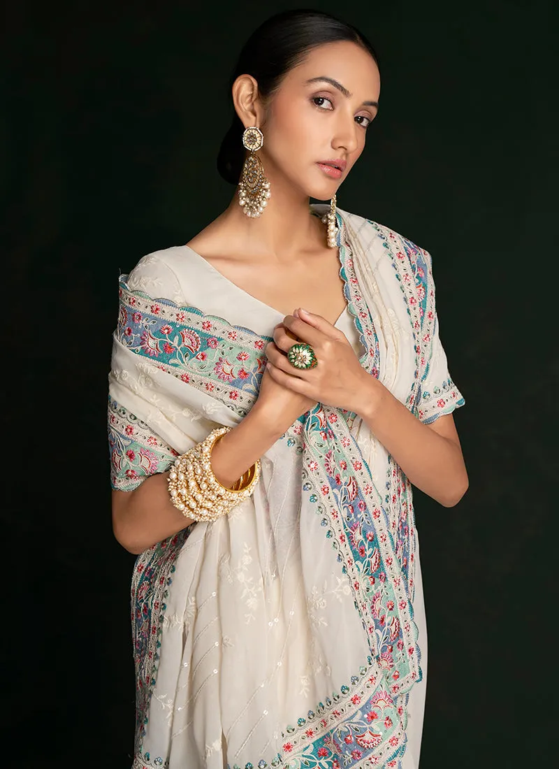 Pearl White Embroidery Lucknowi Saree