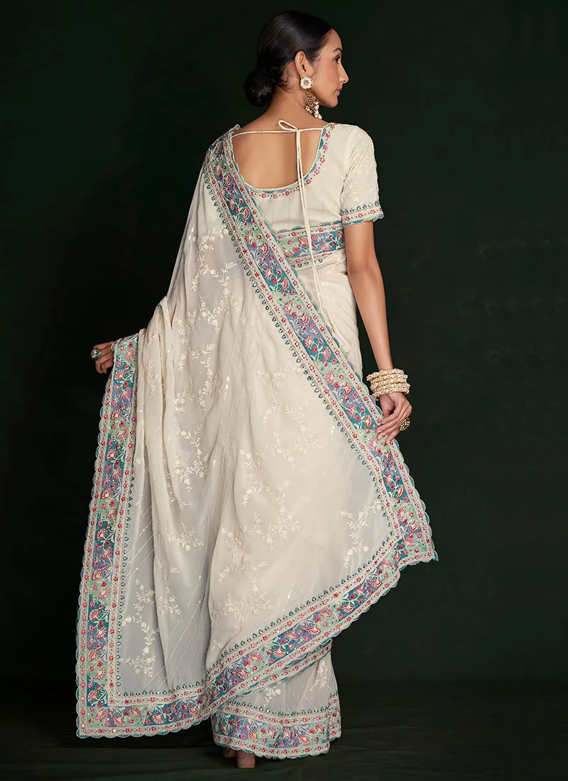 Pearl White Embroidery Lucknowi Saree