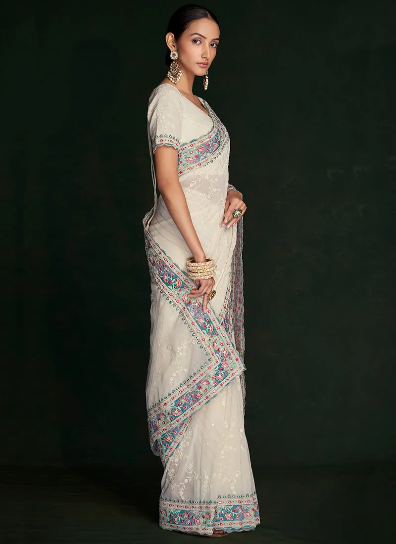 Pearl White Embroidery Lucknowi Saree