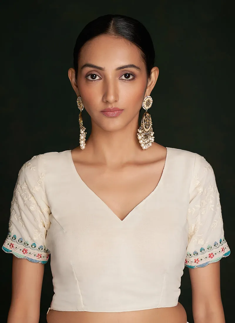 Pearl White Embroidery Lucknowi Saree