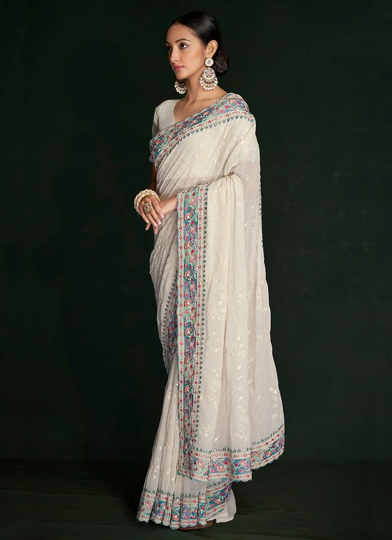Pearl White Embroidery Lucknowi Saree