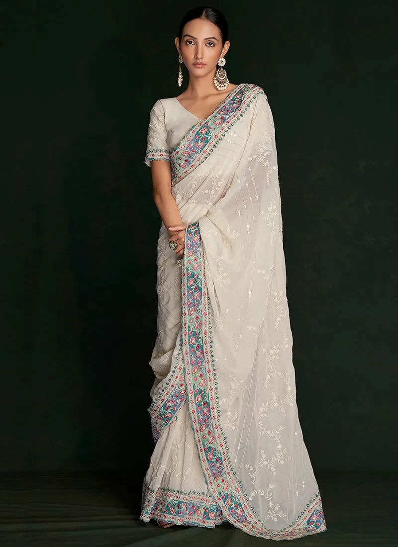Pearl White Embroidery Lucknowi Saree