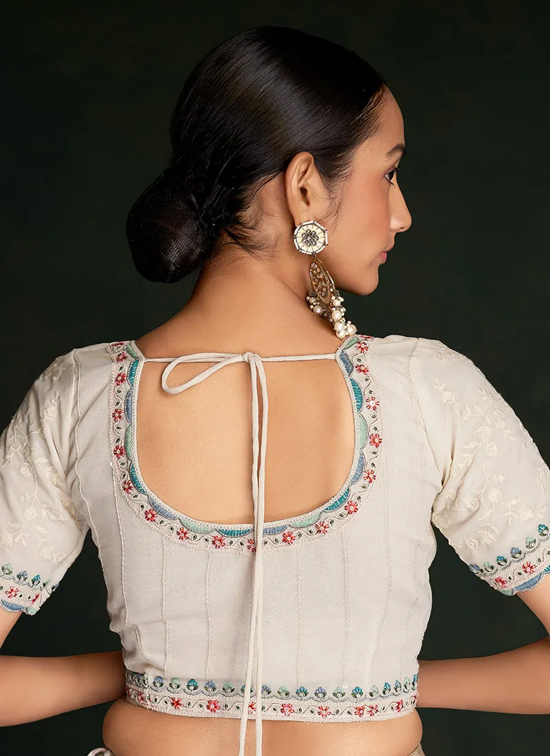 Pearl White Embroidery Lucknowi Saree