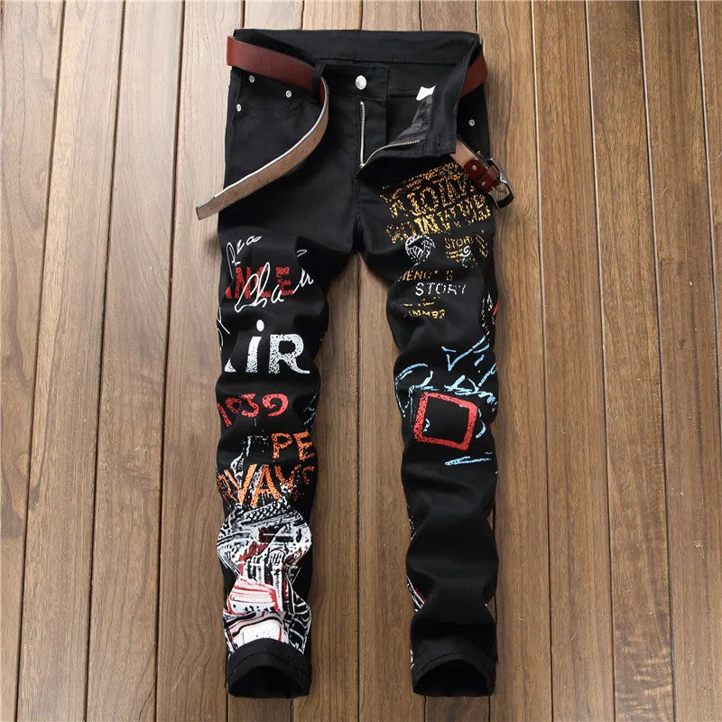 Personality Pencil Pants Print Mid Waisted Men's Jeans