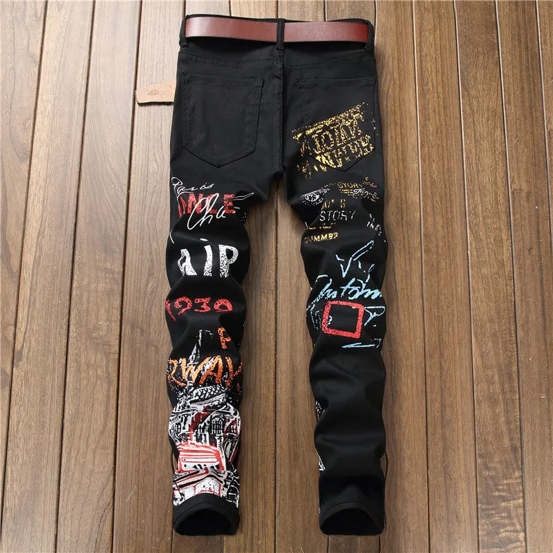 Personality Pencil Pants Print Mid Waisted Men's Jeans