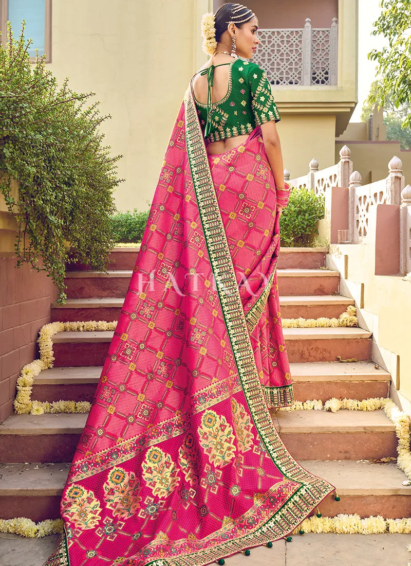 Pink And Green Multi Embroidery Traditional Wedding Saree