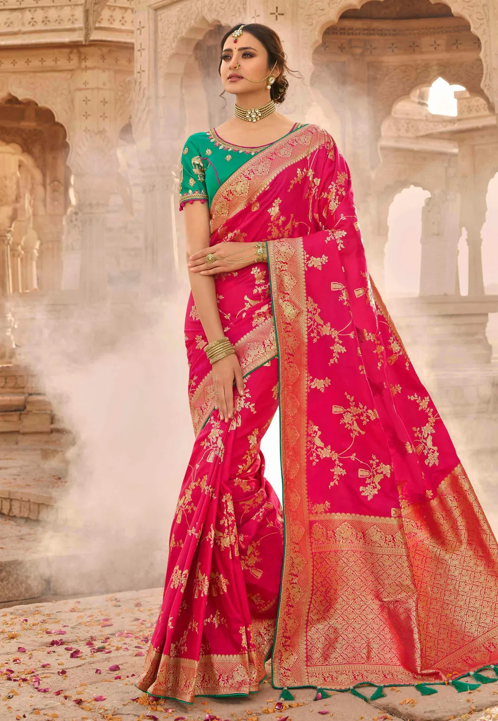 Pink And Grey Embroidered Wedding Saree
