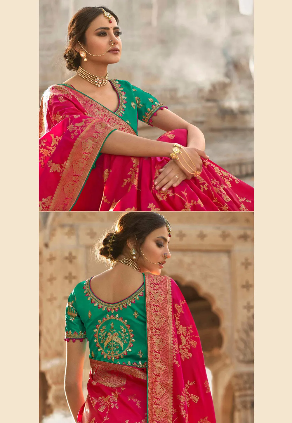 Pink And Grey Embroidered Wedding Saree
