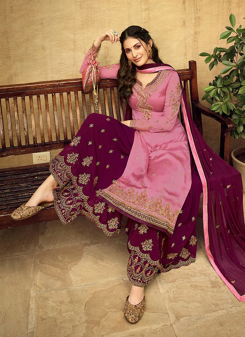 Pink And Plum Embroidered Designer Sharara Suit