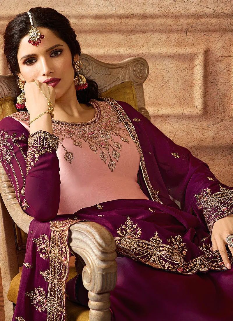 Pink And Purple Shaded Embroidered Palazzo Suit