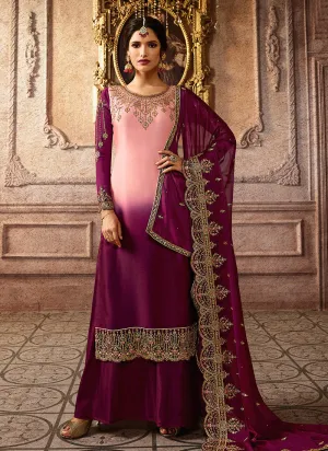 Pink And Purple Shaded Embroidered Palazzo Suit