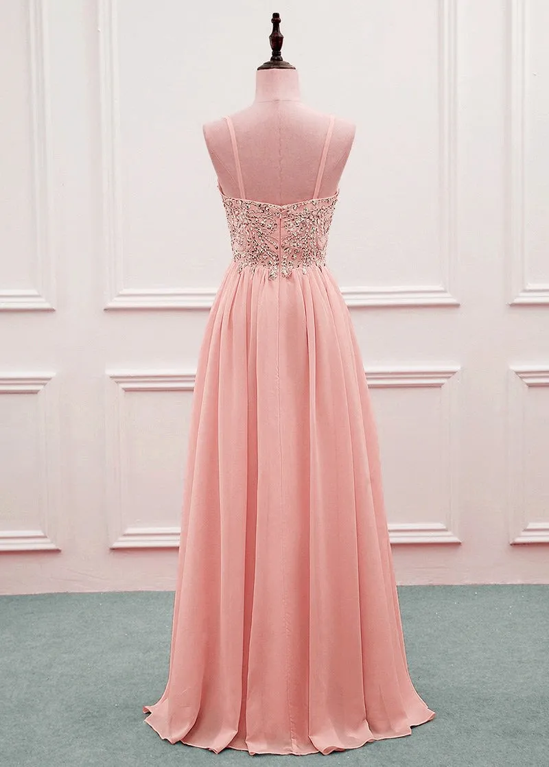 Pink Beaded Sweetheart Chiffon A-line New Prom Dress, Pink Evening Gown Wedding Party Dress