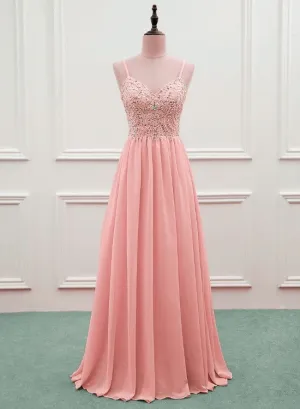 Pink Beaded Sweetheart Chiffon A-line New Prom Dress, Pink Evening Gown Wedding Party Dress