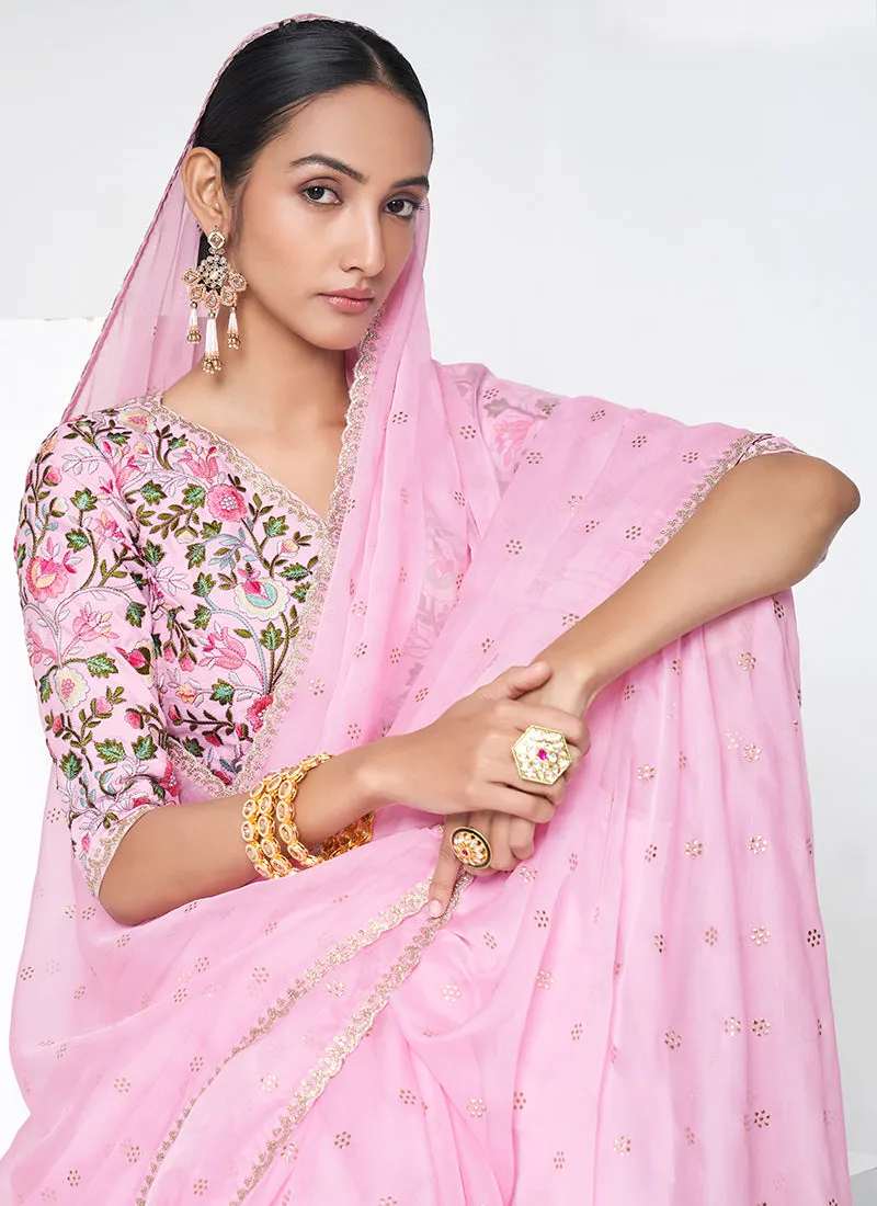 Pink Embroidery Organza Silk Saree