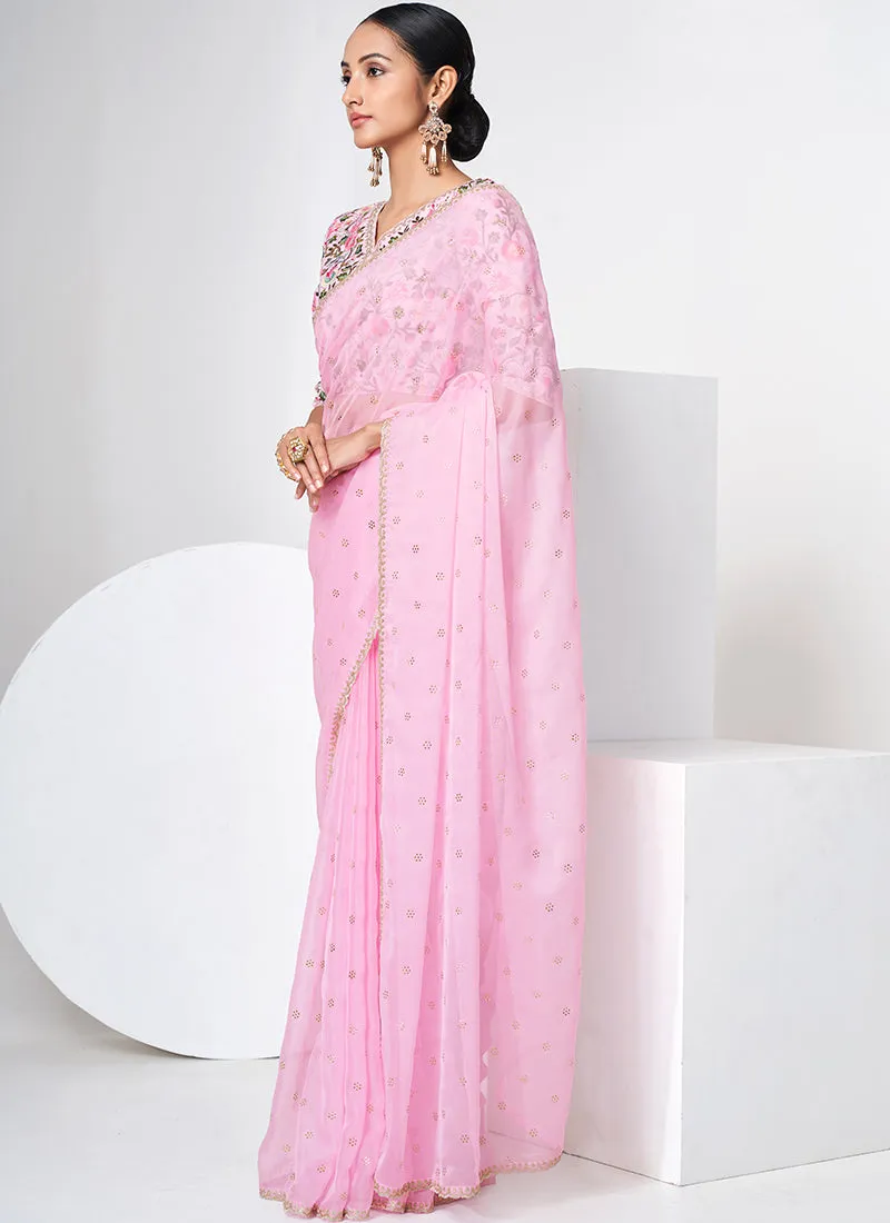 Pink Embroidery Organza Silk Saree