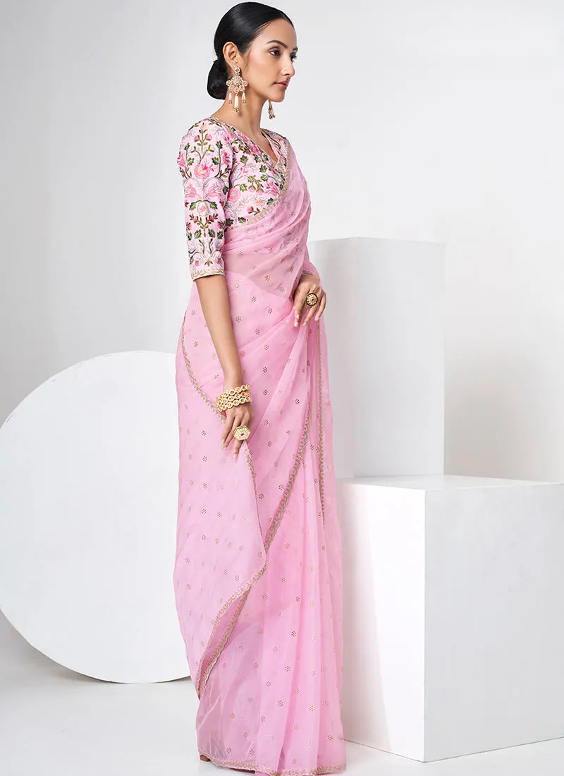 Pink Embroidery Organza Silk Saree