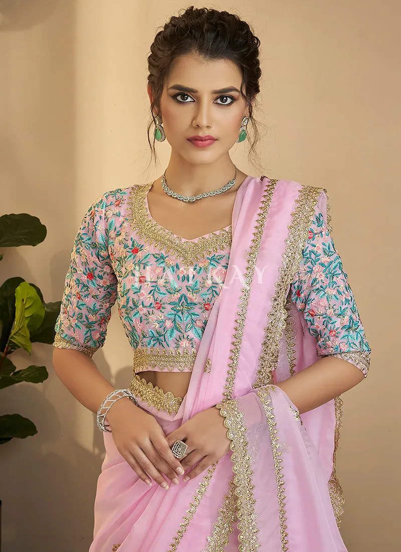 Pink Embroidery Silk Saree