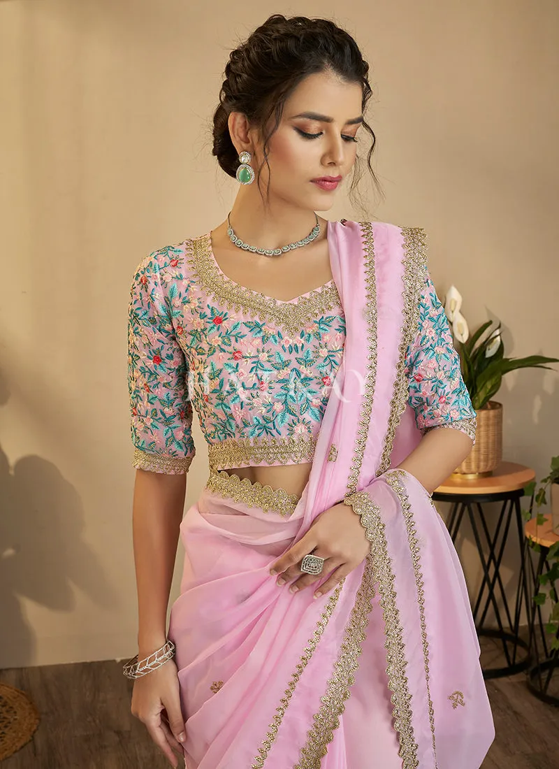 Pink Embroidery Silk Saree