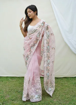 Pink Floral Print And Chikankari Embroidered Silk Saree
