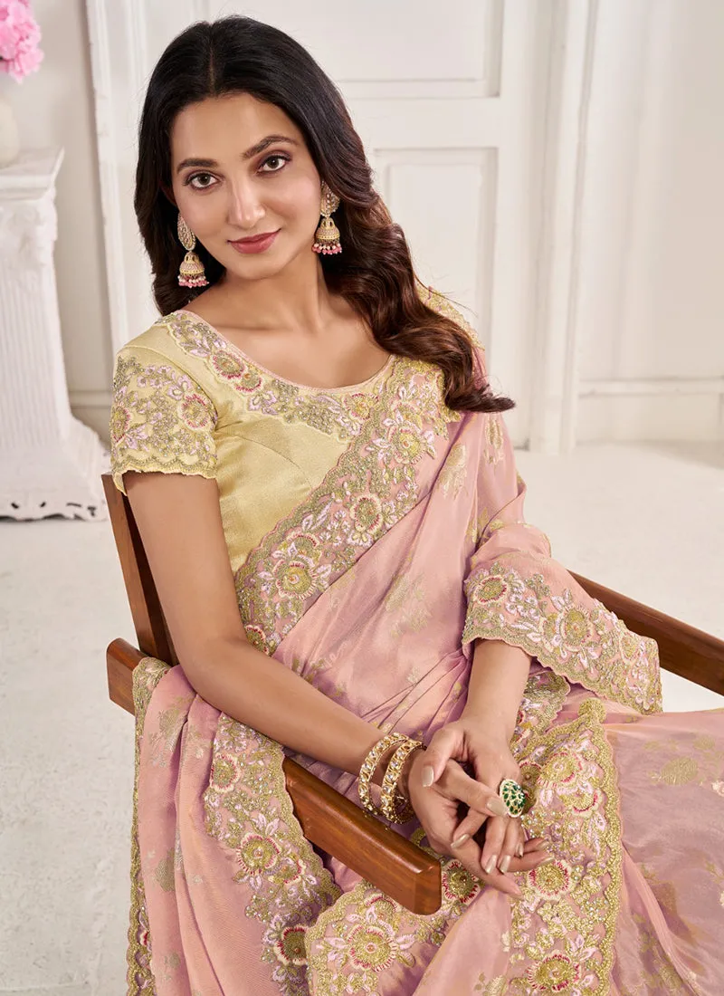 Pink Ivory Embroidery Wedding Saree