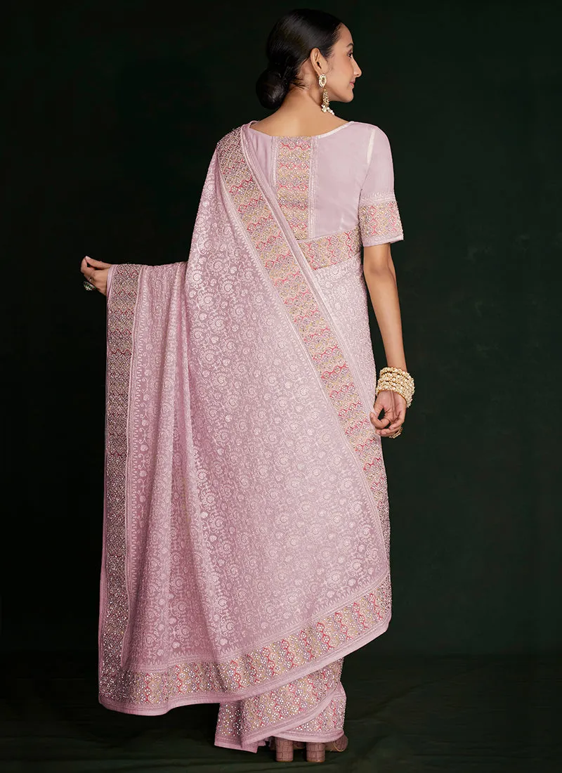 Pink Multi Embroidery Lucknowi Saree