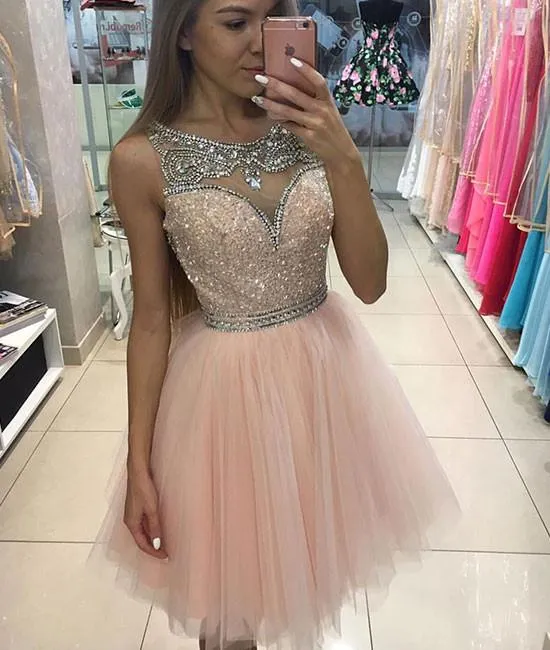 PINK ROUND NECK SEQUIN TULLE SHORT PROM DRESS, CUTE HOMECOMING DRESS