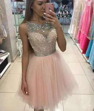 PINK ROUND NECK SEQUIN TULLE SHORT PROM DRESS, CUTE HOMECOMING DRESS
