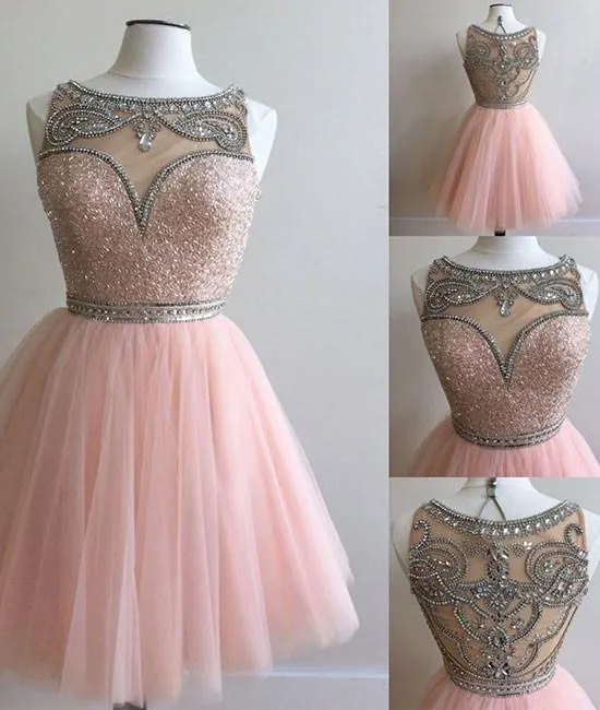 PINK ROUND NECK SEQUIN TULLE SHORT PROM DRESS, CUTE HOMECOMING DRESS