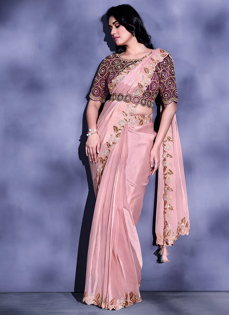 Pink Sequence And Zari Embroidery Wedding Saree