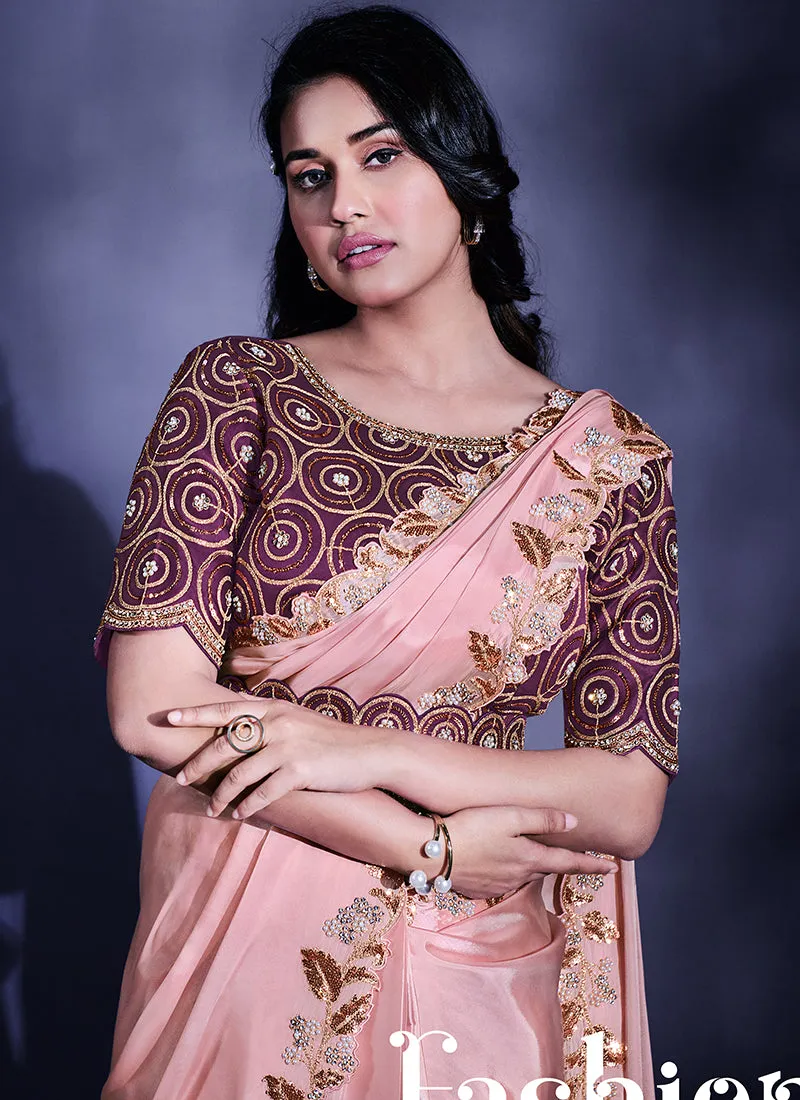 Pink Sequence And Zari Embroidery Wedding Saree