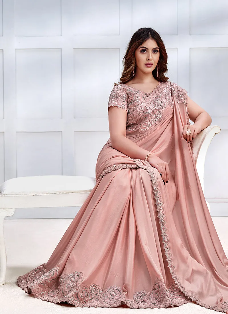 Pink Sequence Embroidery Silk Wedding Saree