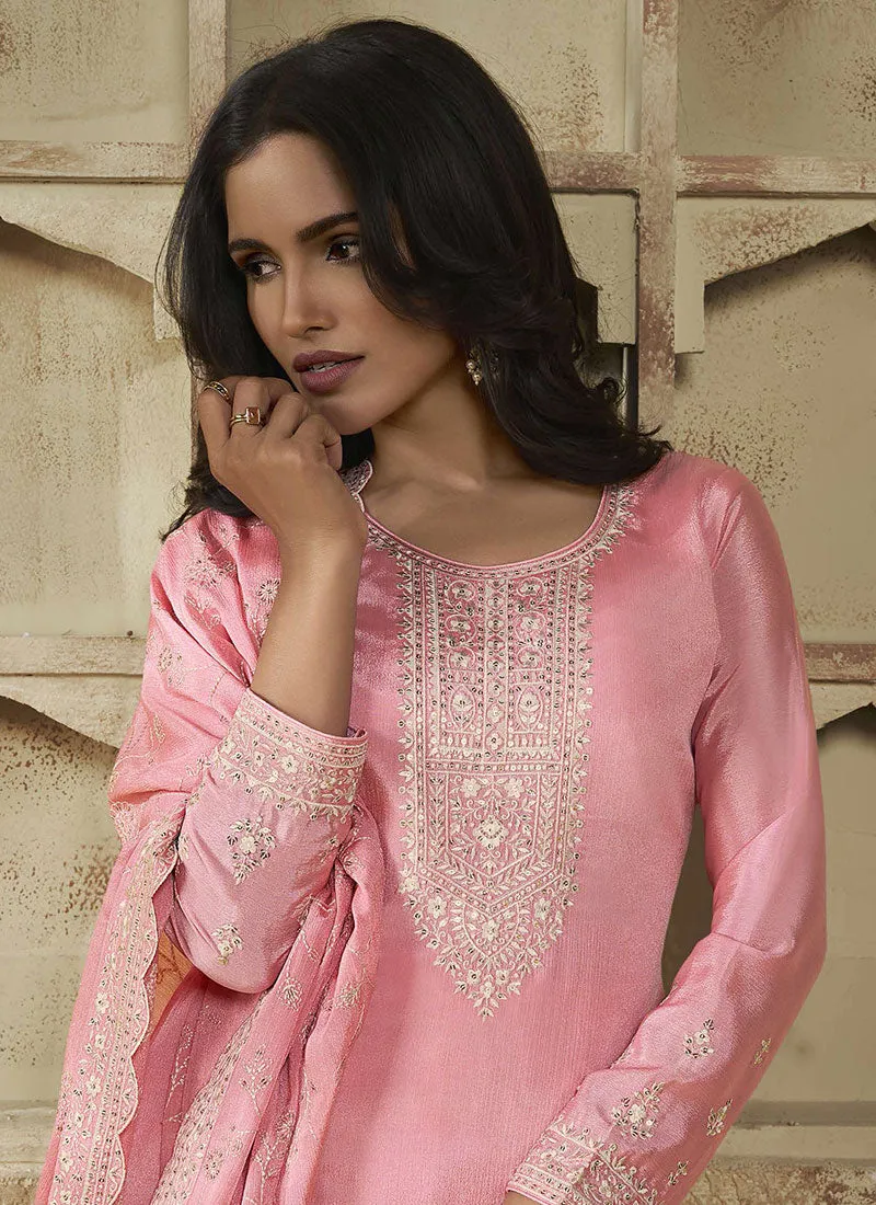 Pink Thread And Sequence Embroidery Pant Suit